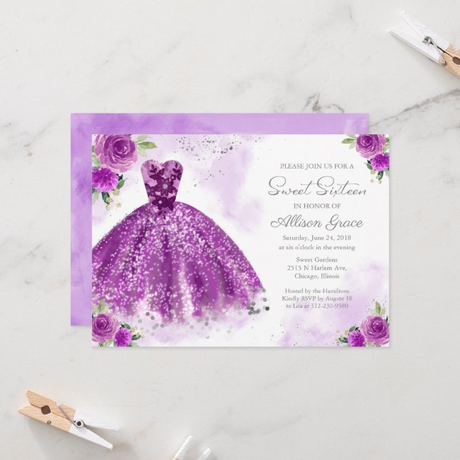 Sweet 16 Invitation Silver Foil Purple Gown (Front/Back In Situ)