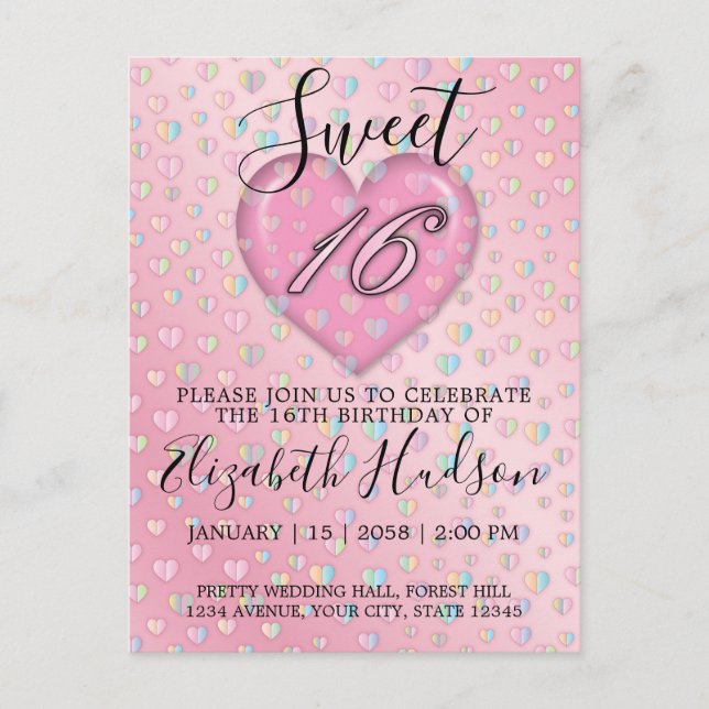 Sweet 16 Invitation with Pink Heart and Speckles (Front)