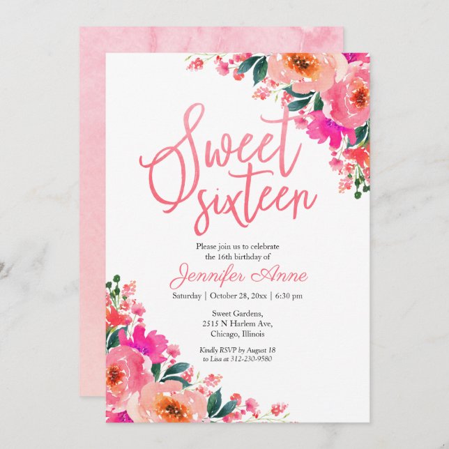 Sweet 16 Invitations Hot Pink Floral (Front/Back)