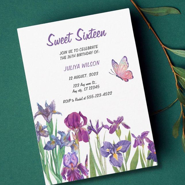 Sweet 16 Iris flower purple Birthday  Invitation (Creator Uploaded)