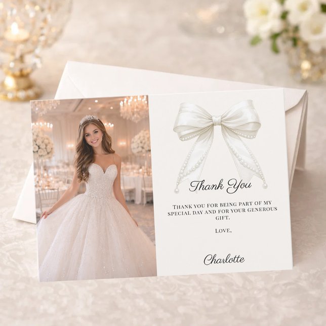 Sweet 16 ivory bow photo pearls thank you card (Creator Uploaded)