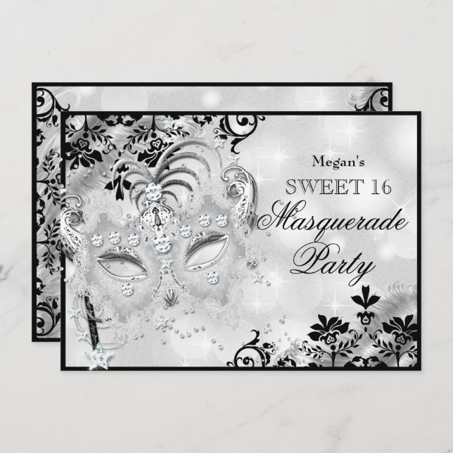Sweet 16 Jewel Mask & Damask Silver Masquerade Invitation (Front/Back)