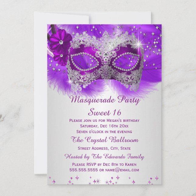 Sweet 16 Lace Mask Purple Silver Masquerade Invitation (Front)