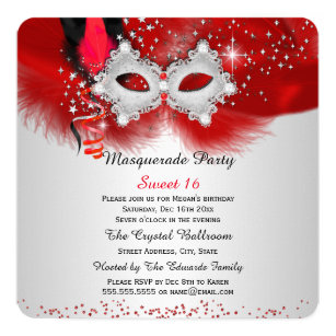 Sweet 16 Lace Mask Red Silver Masquerade Invitation