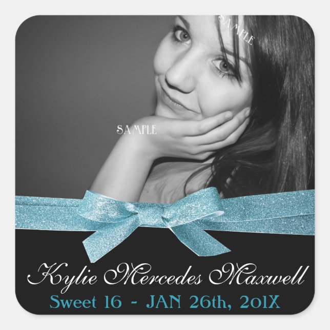 Sweet 16 Large Photo with Cute Blue Glitter Ribbon Square Sticker (Front)
