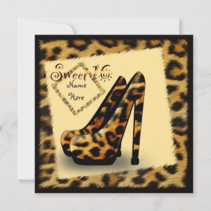 'Sweet 16' leopard fur print shoes, framed invite