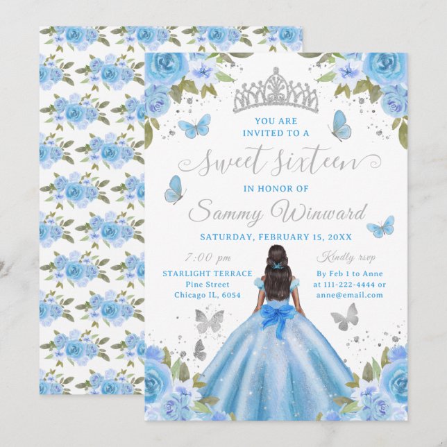 Sweet 16 Light Blue Princess African American Girl Invitation (Front/Back)