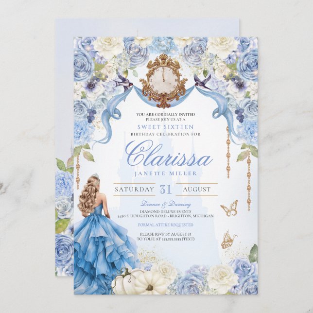 Sweet 16 Light Blue Royal Princess (V2) Elegant  Invitation (Front/Back)