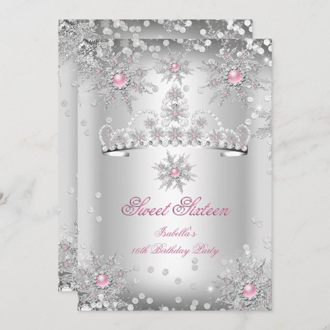 Sweet 16 Light Pink Silver Winter Wonderland Invitation (Front/Back)