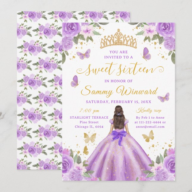Sweet 16 Light Purple Princess Brunette Girl Invitation (Front/Back)