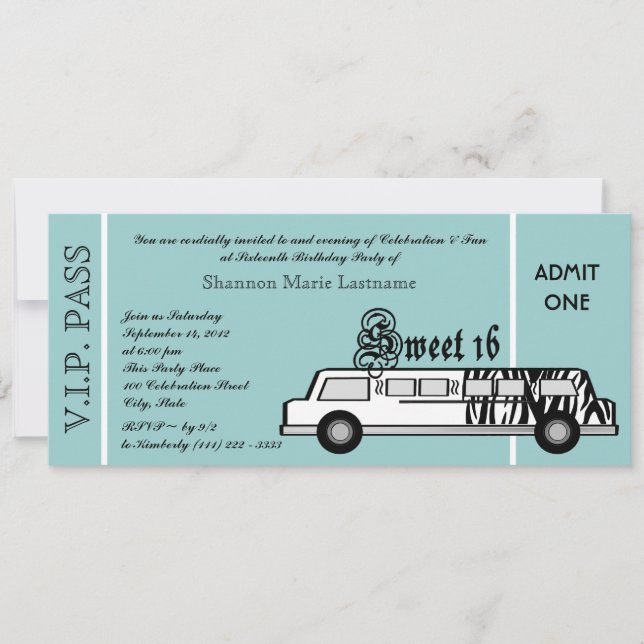 Sweet 16 Limo Party Pass Invitation (Front)