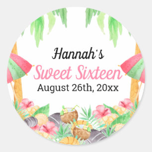 Sweet 16 Luau Party Hawaiian Watercolor Custom Classic Round Sticker