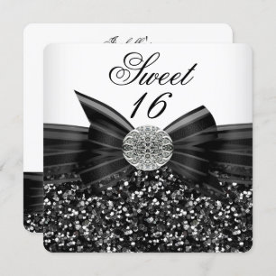 Sweet 16 Luxury Glitter Bow Silver Black White Invitation