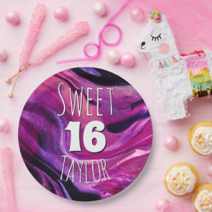 Sweet 16 Magenta Purple Marble Personalised Paper Plate