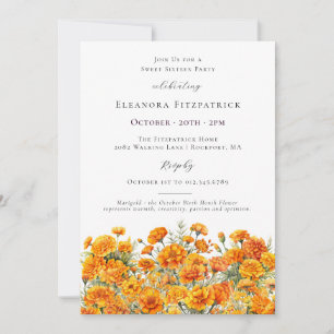 Sweet 16 Marigold October Birth Month Flower Invitation
