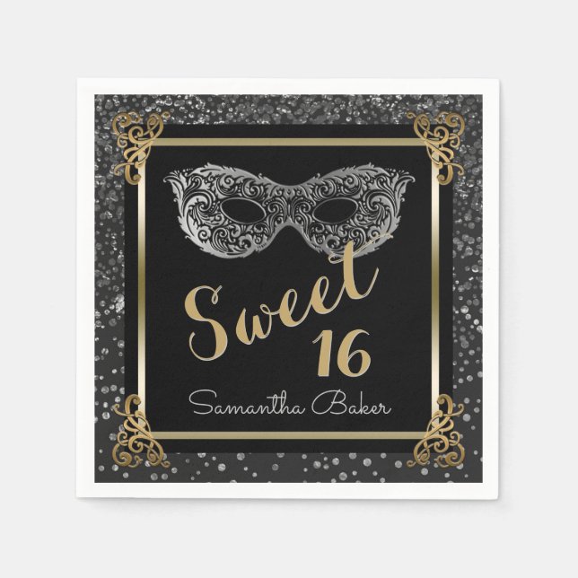 Sweet 16 Masquerade Ball Silver Gold Sweet Sixteen Napkin (Front)