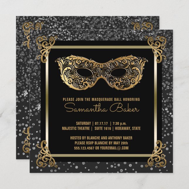 Sweet 16 Masquerade Ball Sweet Sixteen Gold Silver Invitation (Front/Back)