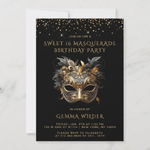 Sweet 16 Masquerade Birthday Party Black Gold Invitation