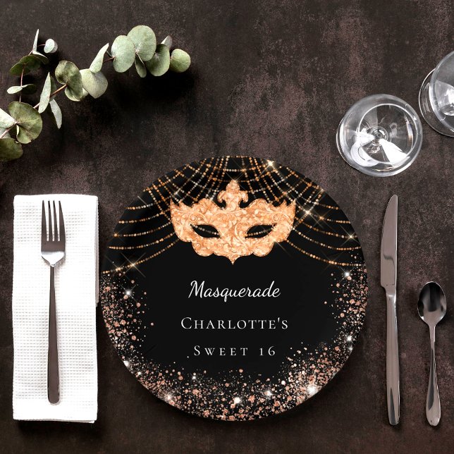 Sweet 16 Masquerade black gold glitter Paper Plate (Creator Uploaded)