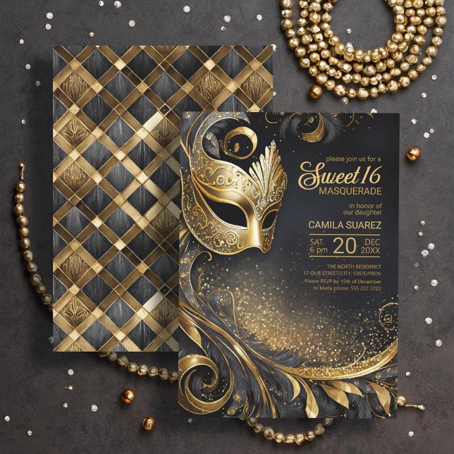 Sweet 16 Masquerade Black Gold ID1032 Invitation (Creator Uploaded)
