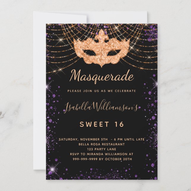 Sweet 16 masquerade black purple glitter gold invitation (Front)
