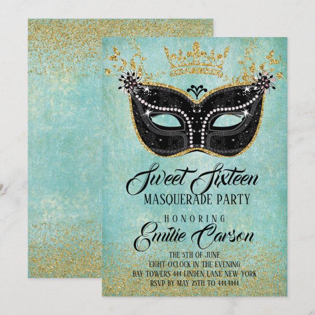Sweet 16 Masquerade Gold Glitter and Aqua Invitation (Front/Back)