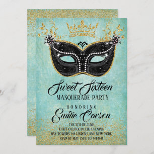 Sweet 16 Masquerade Gold Glitter and Aqua Invitation