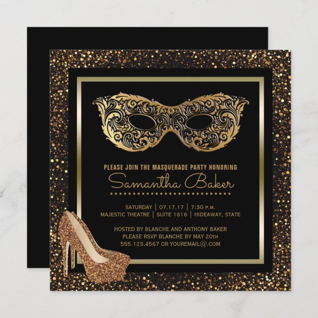 Sweet 16 Masquerade Party | Gold Sweet Sixteen Invitation (Front/Back)