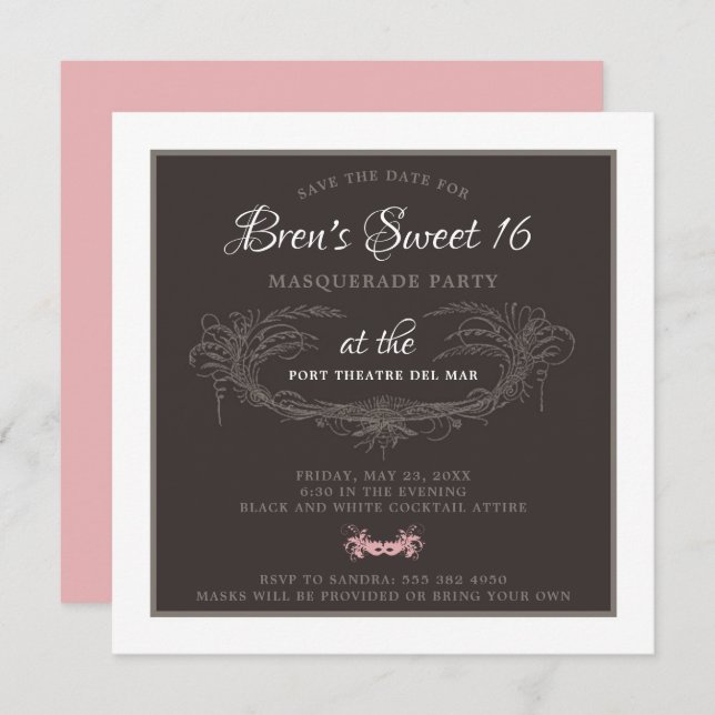 Sweet 16 Masquerade Party Invitation (Front/Back)