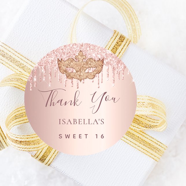 Sweet 16 masquerade rose gold glitter Thank You Classic Round Sticker (Creator Uploaded)