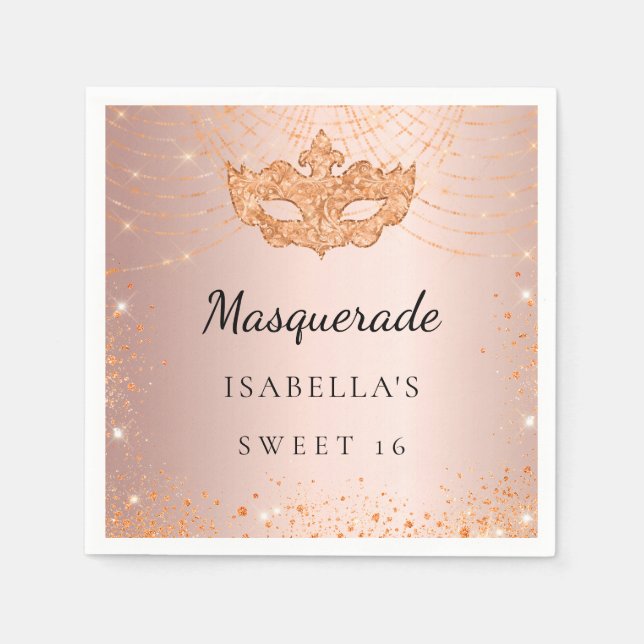 Sweet 16 Masquerade rose gold sparkles party Napkin (Front)