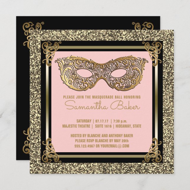 Sweet 16 Masquerade | Sweet Sixteen Pink Gold Invitation (Front/Back)
