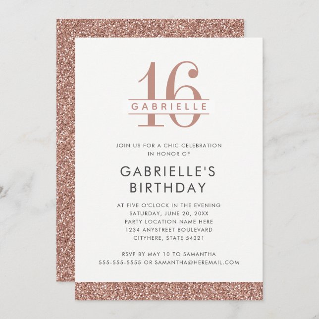 Sweet 16 Minimal Rose Gold Pink Glitter Birthday Invitation (Front/Back)