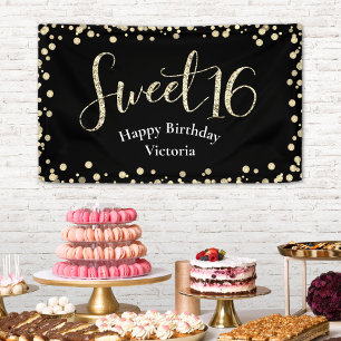 Sweet 16 Modern Black Gold Glitter Girly Birthday Banner
