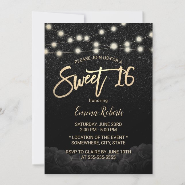 Sweet 16 Modern Black Rose Floral Black Glitter Invitation (Front)