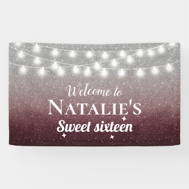 Sweet 16 Modern Burgundy Red & Silver Ombre Banner (Horizontal)