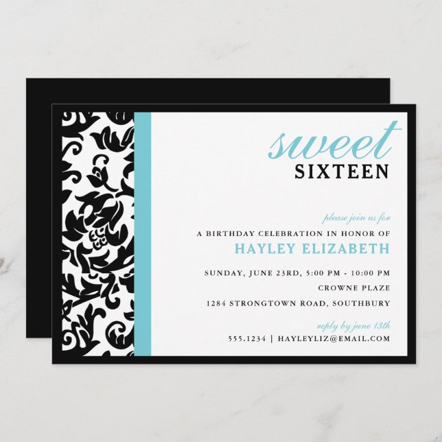 Sweet 16 Modern Damask with Border, Blue Invitation (Front/Back)