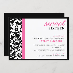 Sweet 16 Modern Damask with Border, Bright Pink Invitation