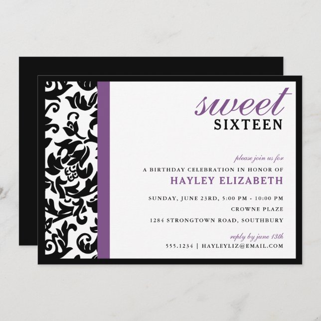Sweet 16 Modern Damask with Border, Purple Invitation (Front/Back)