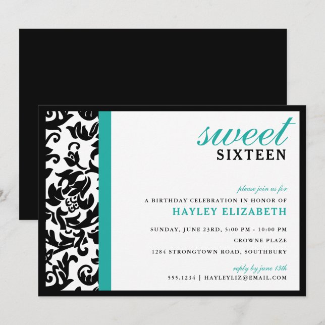 Sweet 16 Modern Damask with Border, Turquoise Invitation (Front/Back)