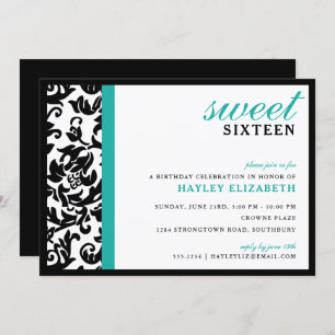 Sweet 16 Modern Damask with Border, Turquoise Invitation