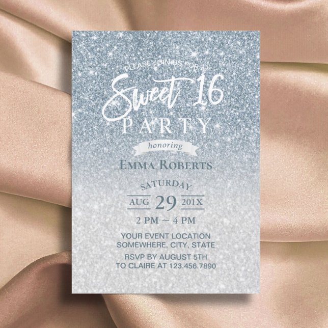 Sweet 16 Modern Dusty Blue & Silver Ombre Invitation (Creator Uploaded)