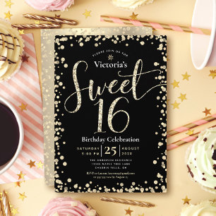 Sweet 16 Modern Gold Black Glitter Girly Birthday Invitation