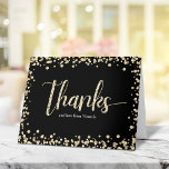 Sweet 16 Modern Gold Black Glitter Girly Birthday Thank You Card<br><div class="desc">Here’s a fun, sparkly way for the birthday girl to show her appreciation to all who supported her milestone event! Send out this stunning, simple, festive, modern, personalised thank you note. Gold glitter script typography and confetti overlay a black background. Personalise the custom text with your daughter’s name. On the...</div>