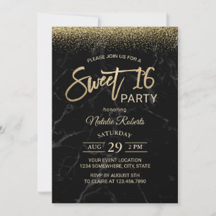 Sweet 16 Modern Gold Typography Black Marble Invitation