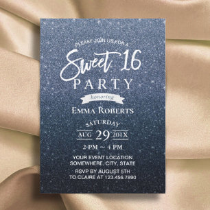 Sweet 16 Modern Navy Blue Glitter Birthday Invitation