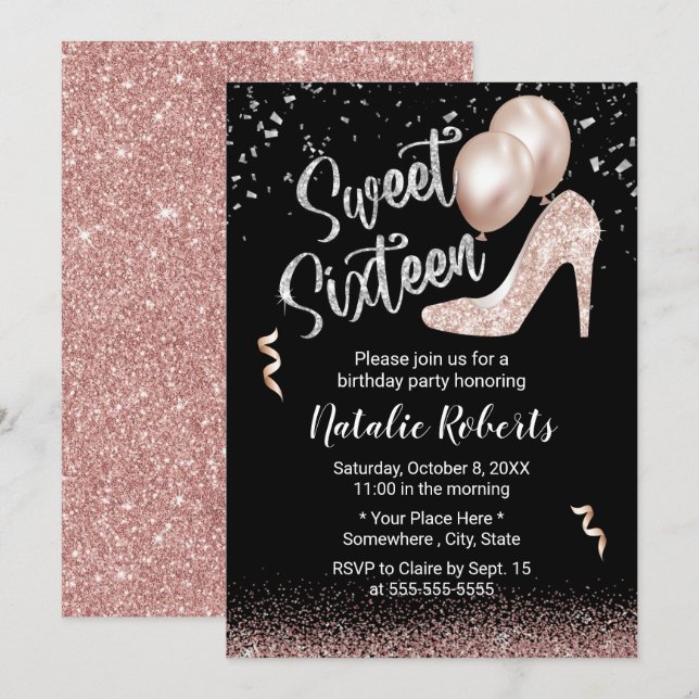 Sweet 16 Modern Rose Gold Girl 16th Birthday Invitation (Front/Back)