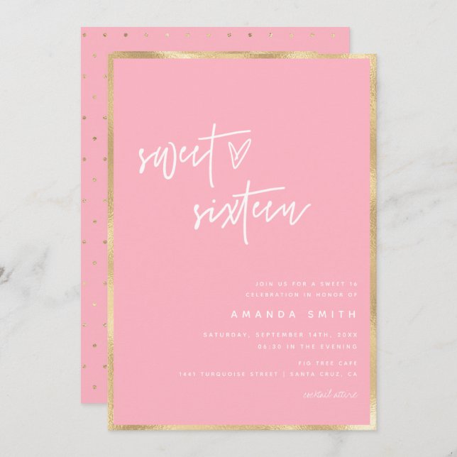 Sweet 16 Modern Script Gold Blush Pink Birthday Invitation (Front/Back)