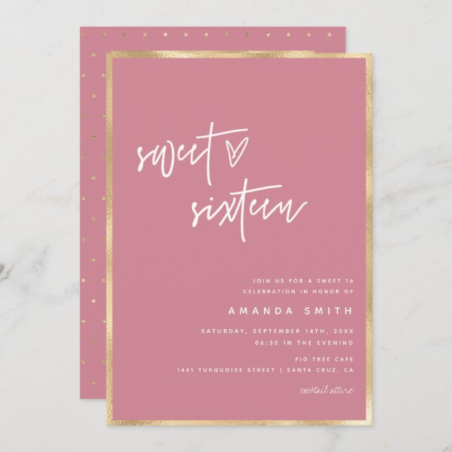 Sweet 16 Modern Script Gold Dusty Blue Birthday  I Invitation (Front/Back)