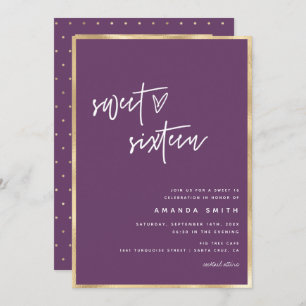 Sweet 16 Modern Script Gold Foil Purple Birthday Invitation